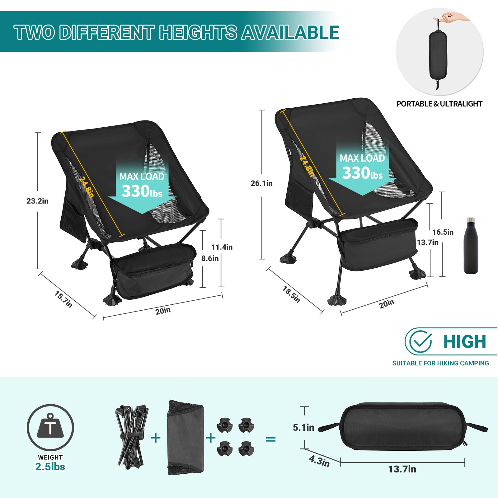 ATEPA Ultralight Square Tall Chair Set of 2 Lightweight Camping Folding Chair